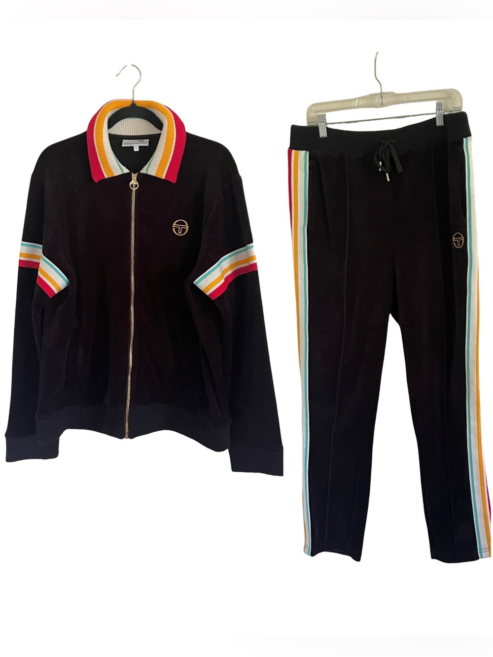 Sergio Tacchini Black Slice Velour Track Jacket and Pants Tracksuit Large
